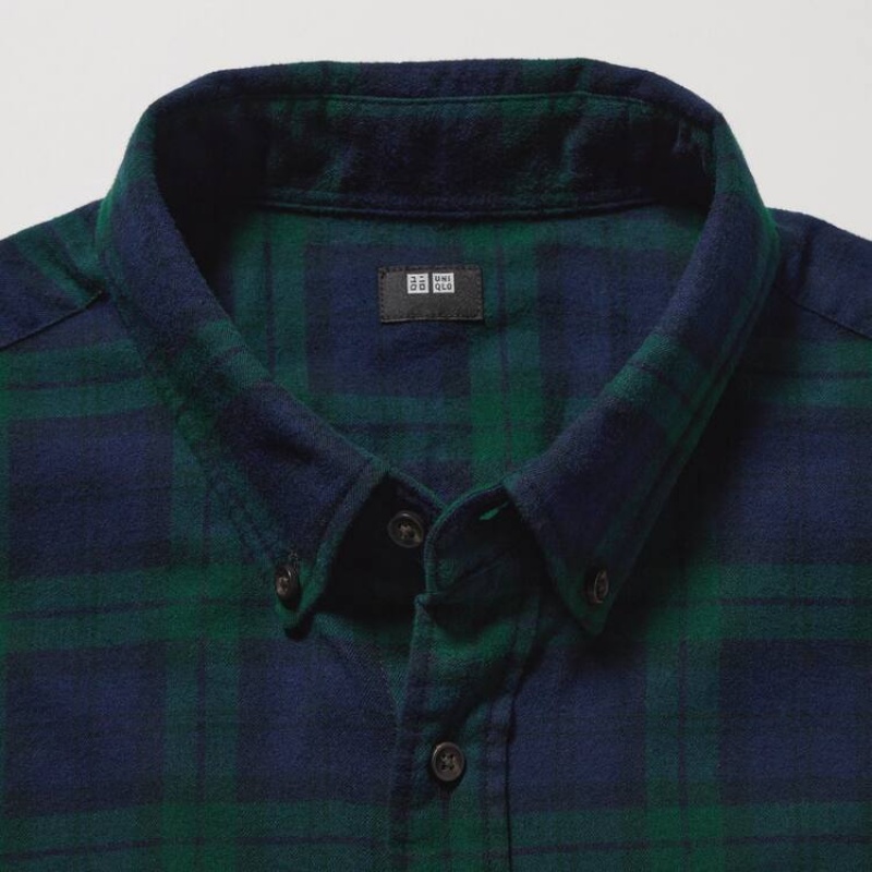 Camisas Uniqlo Flannel Regular Fit Checked (Button-down Collar) Hombre Verde Oscuro | 1456MOWVK