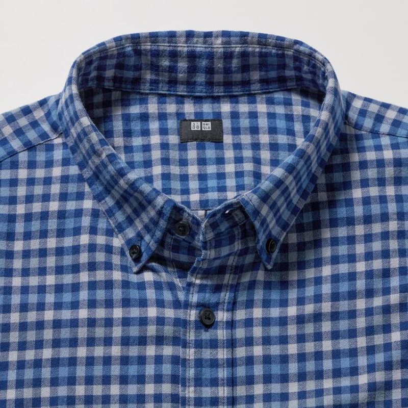 Camisas Uniqlo Flannel Regular Fit Checked (Button-down Collar) Hombre Azules | 7415ULESP