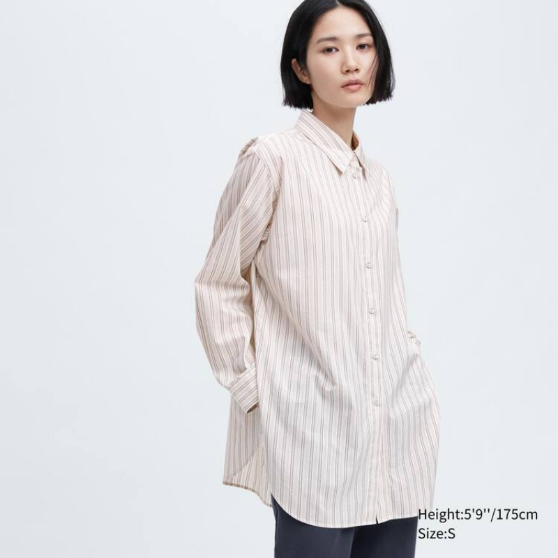 Camisas Uniqlo Ines De La Fressange Algodon Silk Blend Oversized Long Sleeved Mujer Beige | 5041IOYRM