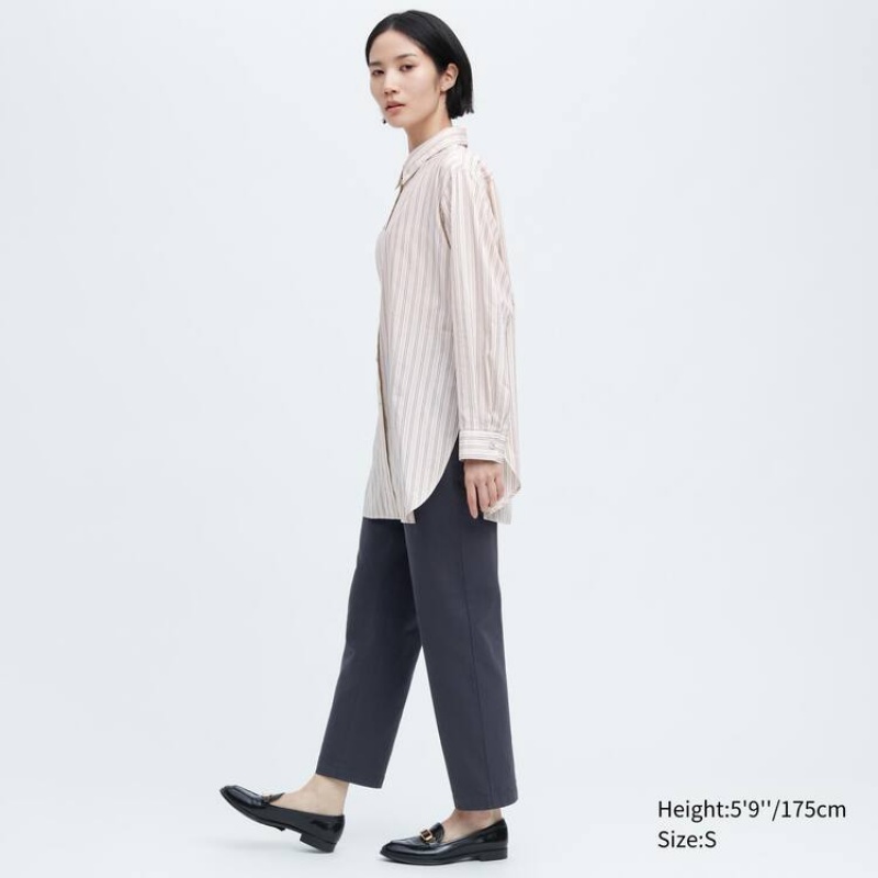 Camisas Uniqlo Ines De La Fressange Algodon Silk Blend Oversized Long Sleeved Mujer Beige | 5041IOYRM