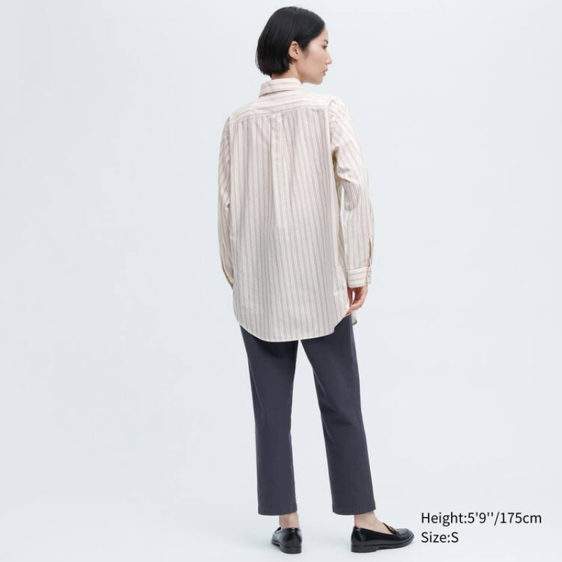 Camisas Uniqlo Ines De La Fressange Algodon Silk Blend Oversized Long Sleeved Mujer Beige | 5041IOYRM