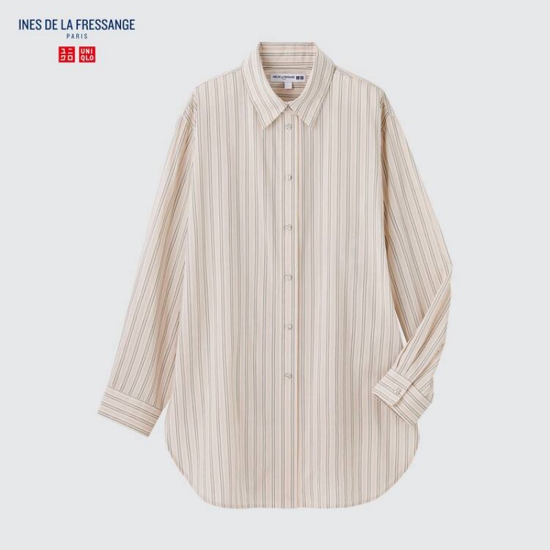 Camisas Uniqlo Ines De La Fressange Algodon Silk Blend Oversized Long Sleeved Mujer Beige | 5041IOYRM