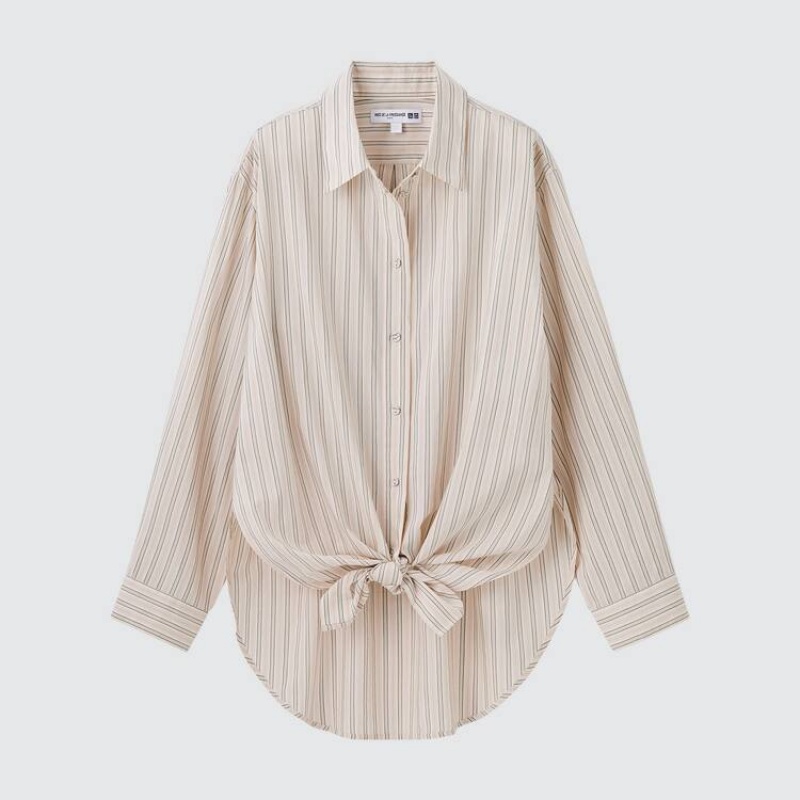 Camisas Uniqlo Ines De La Fressange Algodon Silk Blend Oversized Long Sleeved Mujer Beige | 5041IOYRM