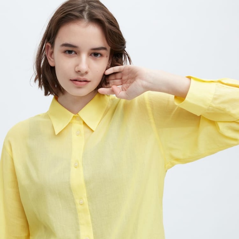 Camisas Uniqlo Ines De La Fressange Sheer Algodon Relaxed Fit Long Sleeved Mujer Amarillo | 8490KNBOH