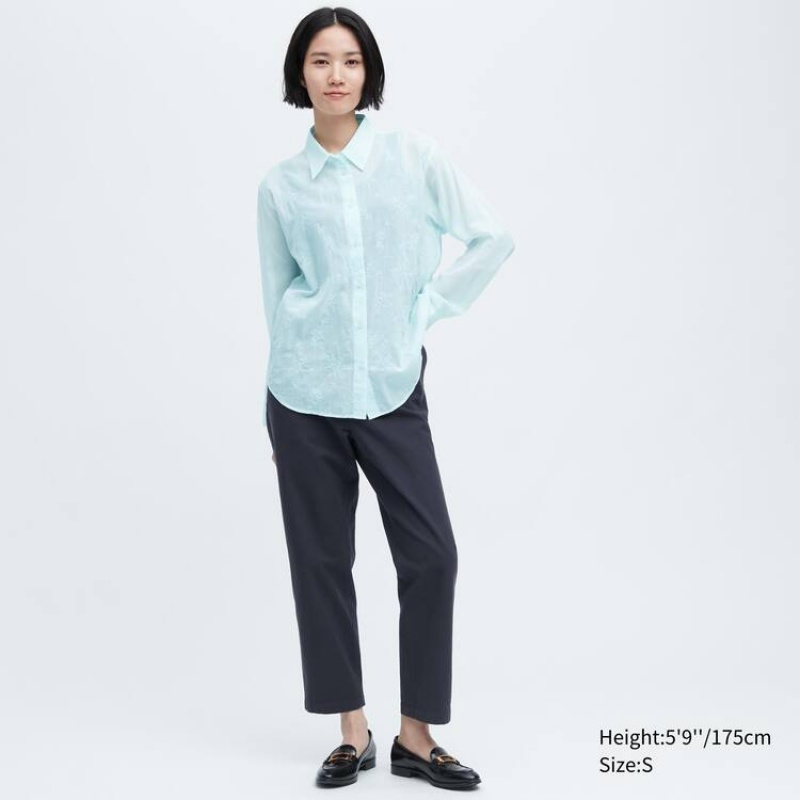 Camisas Uniqlo Ines De La Fressange Sheer Embroidered Long Sleeved Mujer Azules | 8306DNAFQ