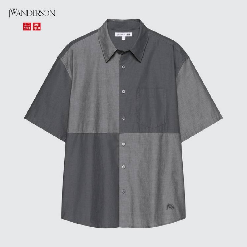 Camisas Uniqlo Jw Anderson Casuales Chambray Corta Sleeved Hombre Gris | 9201QTLBI