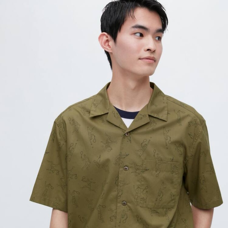 Camisas Uniqlo Jw Anderson Casuales Printed Corta Sleeved (Open Collar) Hombre Verde Oliva | 4758PILER