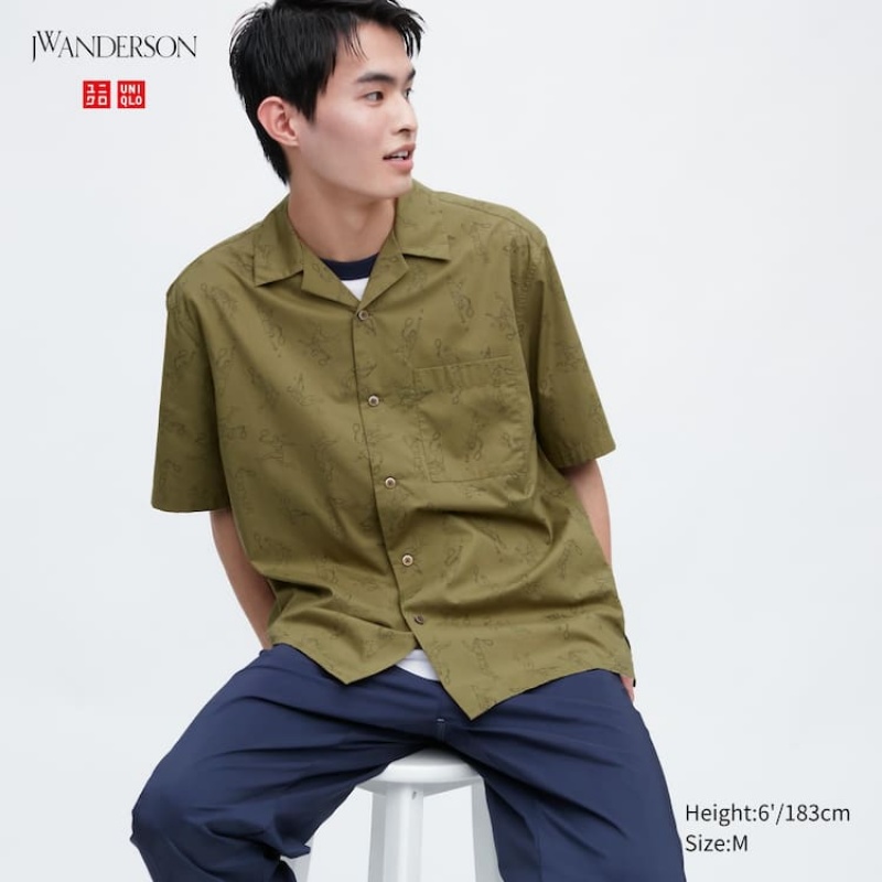 Camisas Uniqlo Jw Anderson Casuales Printed Corta Sleeved (Open Collar) Hombre Verde Oliva | 4758PILER