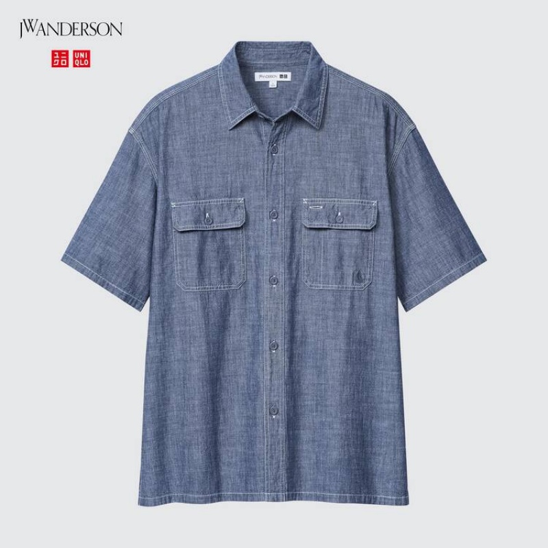 Camisas Uniqlo Jw Anderson Chambray Oversized Corta Sleeved Hombre Azules | 2635MLUFB