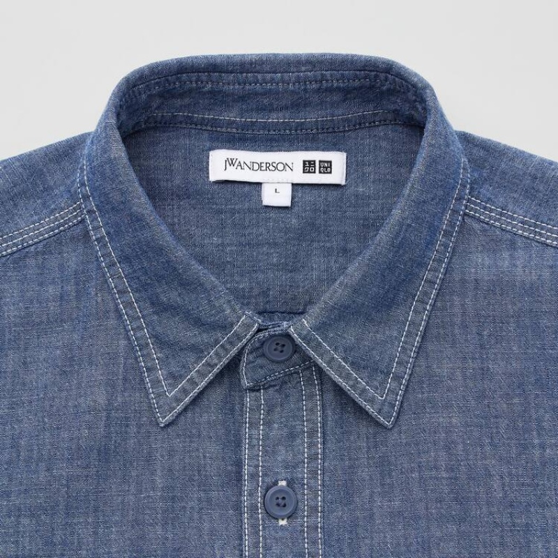 Camisas Uniqlo Jw Anderson Chambray Oversized Corta Sleeved Hombre Azules | 2635MLUFB