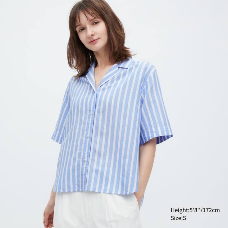 Camisas Uniqlo Linen Blend Corta Sleeve Mujer Azules Claro | 7413ATQVM