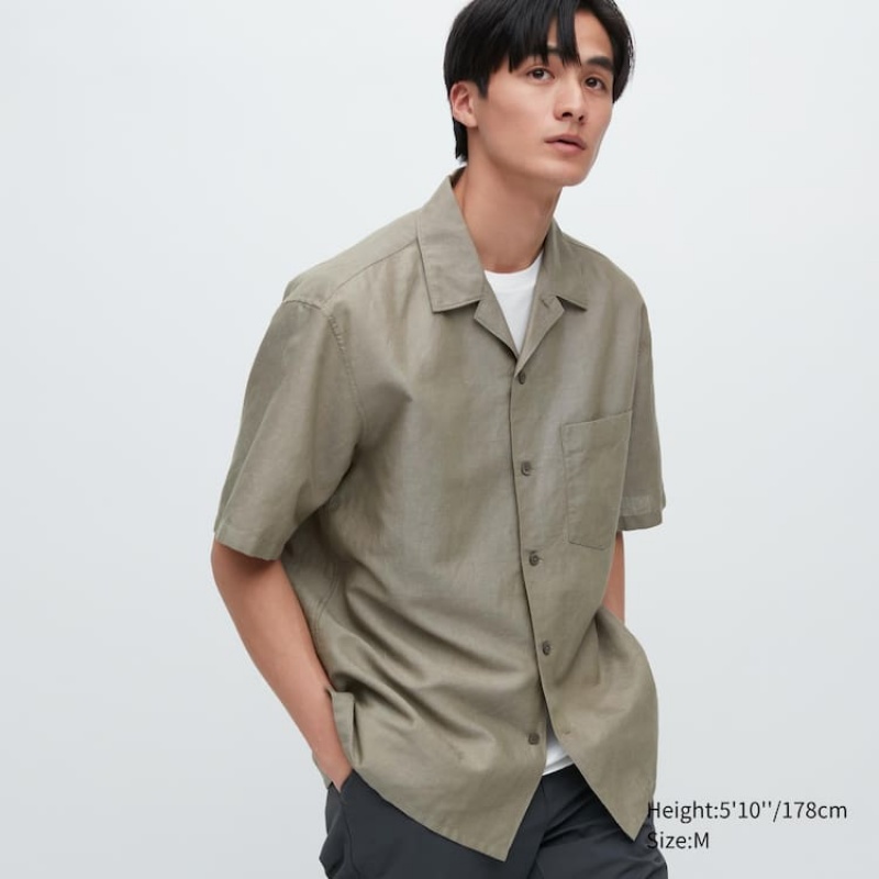 Camisas Uniqlo Linen Blend Corta Sleeved (Open Collar) Hombre Verde Oliva | 7182VPCKZ