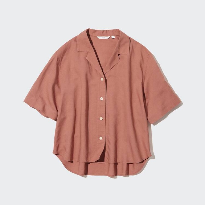 Camisas Uniqlo Linen Blend Open Collar Corta Sleeved Mujer Marrones | 8123CNYXZ