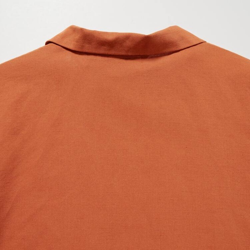 Camisas Uniqlo Linen Blend Open Collar Corta Sleeved Mujer Naranjas | 9042ZDHCT