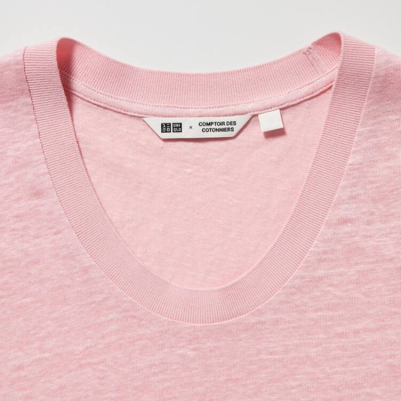 Camisas Uniqlo Linen Crew Neck Mujer Rosas | 4859ONTCE