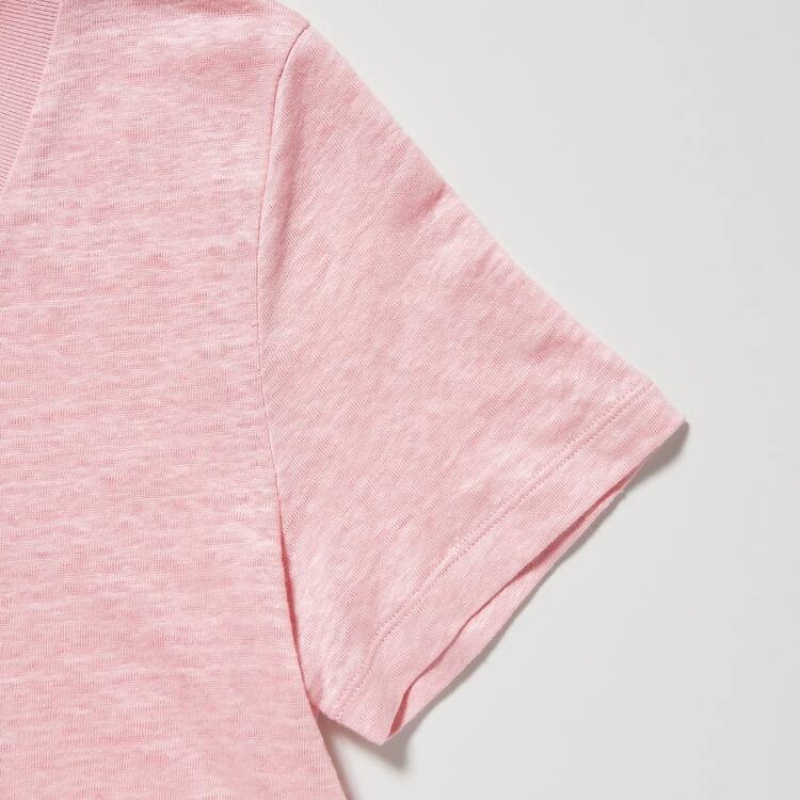 Camisas Uniqlo Linen Crew Neck Mujer Rosas | 4859ONTCE