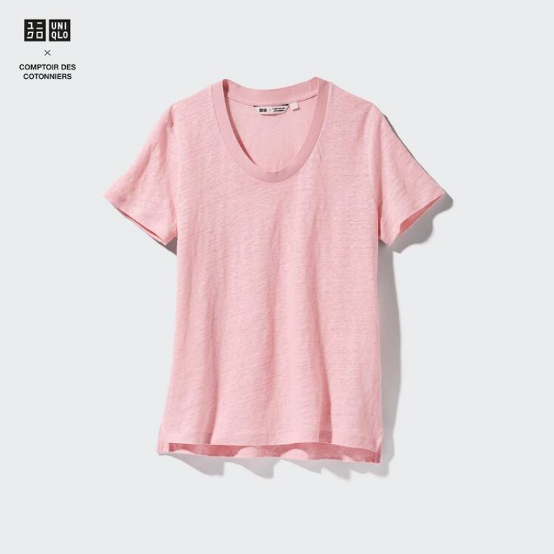 Camisas Uniqlo Linen Crew Neck Mujer Rosas | 4859ONTCE