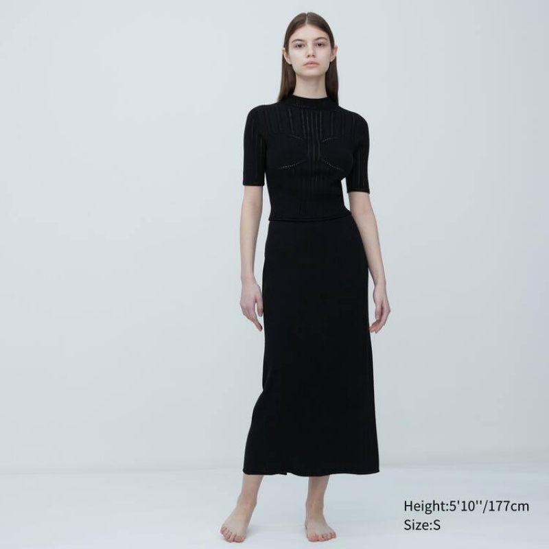 Camisas Uniqlo Mame Kurogouchi 3d Knit Seamless Mesh Half Sleeve Mujer Negras | 2710WIZBS