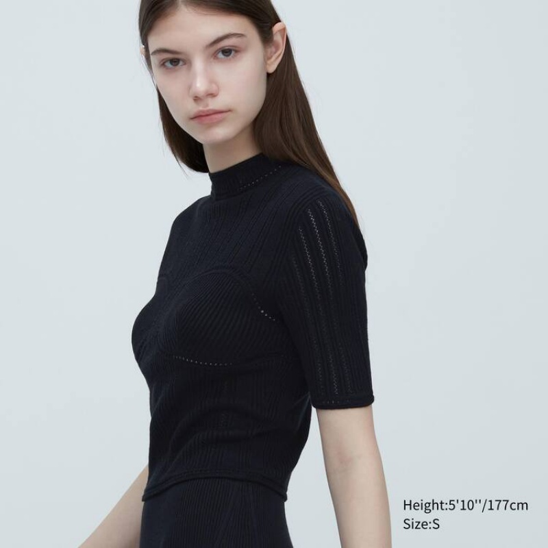 Camisas Uniqlo Mame Kurogouchi 3d Knit Seamless Mesh Half Sleeve Mujer Negras | 2710WIZBS