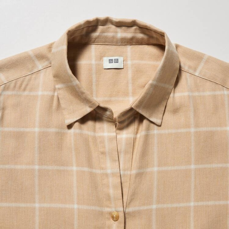 Camisas Uniqlo Soft Brushed Checked Long Sleeved Mujer Beige | 8246JGABR