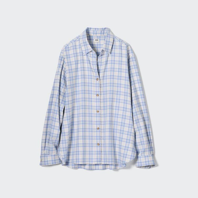 Camisas Uniqlo Soft Brushed Checked Long Sleeved Mujer Azules Claro | 7358WMPFI