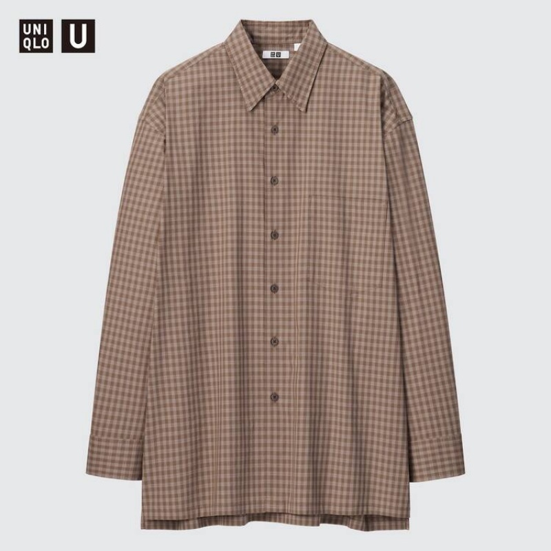 Camisas Uniqlo U Oversized Checked Casuales Hombre Gris | 3570SRAOZ