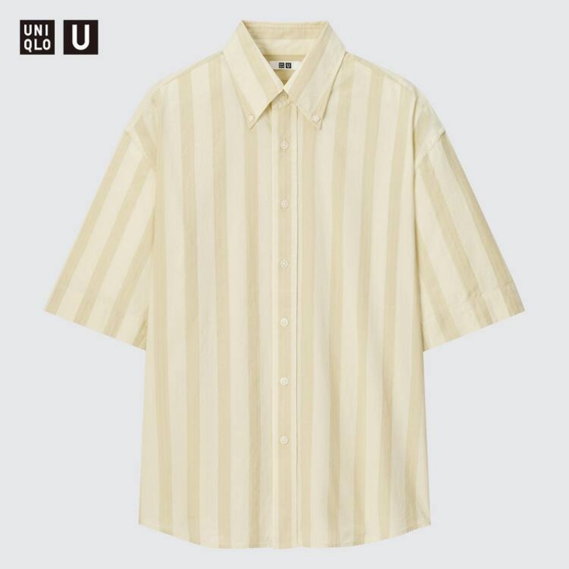 Camisas Uniqlo U Seersucker Casuales A Rayas Corta Sleeved Hombre Creme | 5870AWLHQ