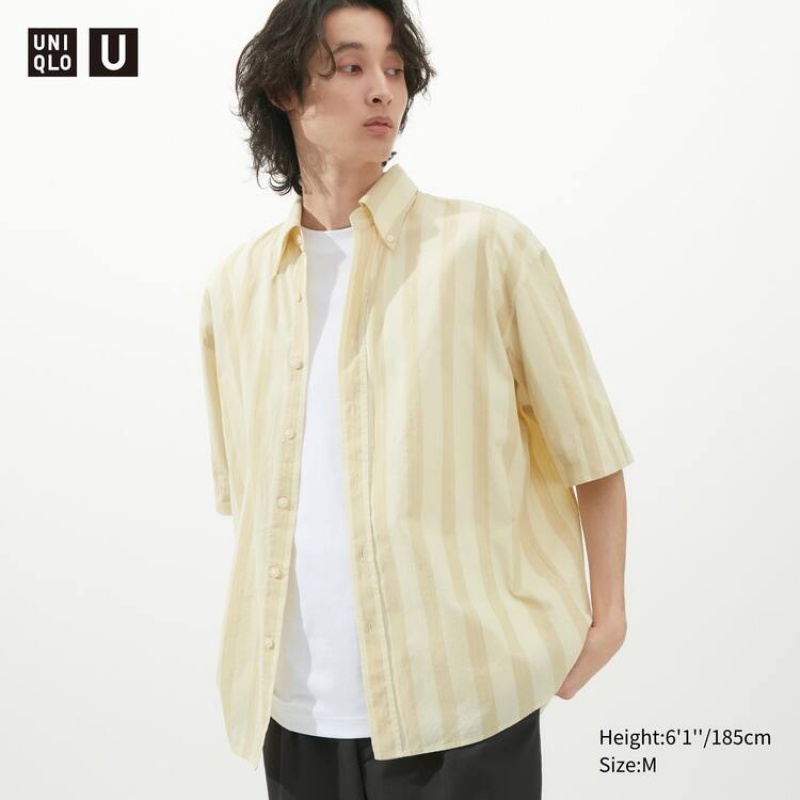 Camisas Uniqlo U Seersucker Casuales A Rayas Corta Sleeved Hombre Creme | 5870AWLHQ