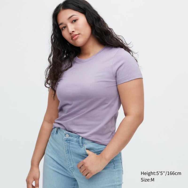 Camiseta Uniqlo 100% Supima Algodon Crew Neck Corta Sleeved Mujer Moradas | 8257AKEXF