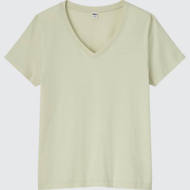 Camiseta Uniqlo 100% Supima Algodon V Neck Mujer Verde Claro | 0425VRNHO