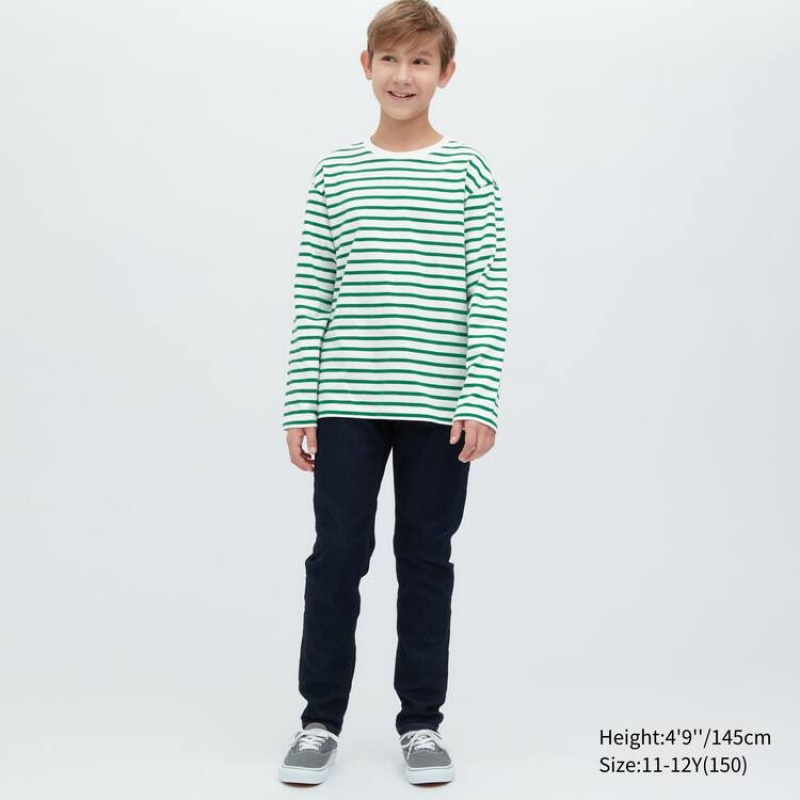 Camiseta Uniqlo A Rayas Crew Neck Long Sleeved Niños Verde | 3842QYVSG