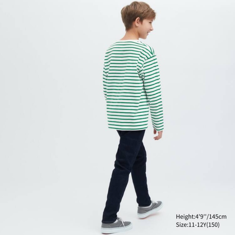 Camiseta Uniqlo A Rayas Crew Neck Long Sleeved Niños Verde | 3842QYVSG