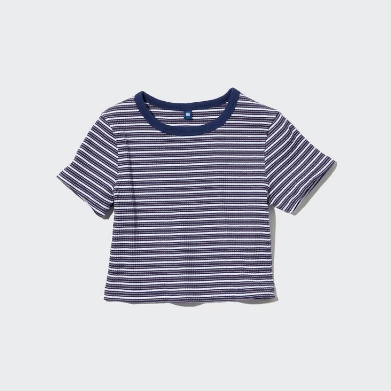 Camiseta Uniqlo Acanalado A Rayas Cropped Niños Azules | 0247MRXQD