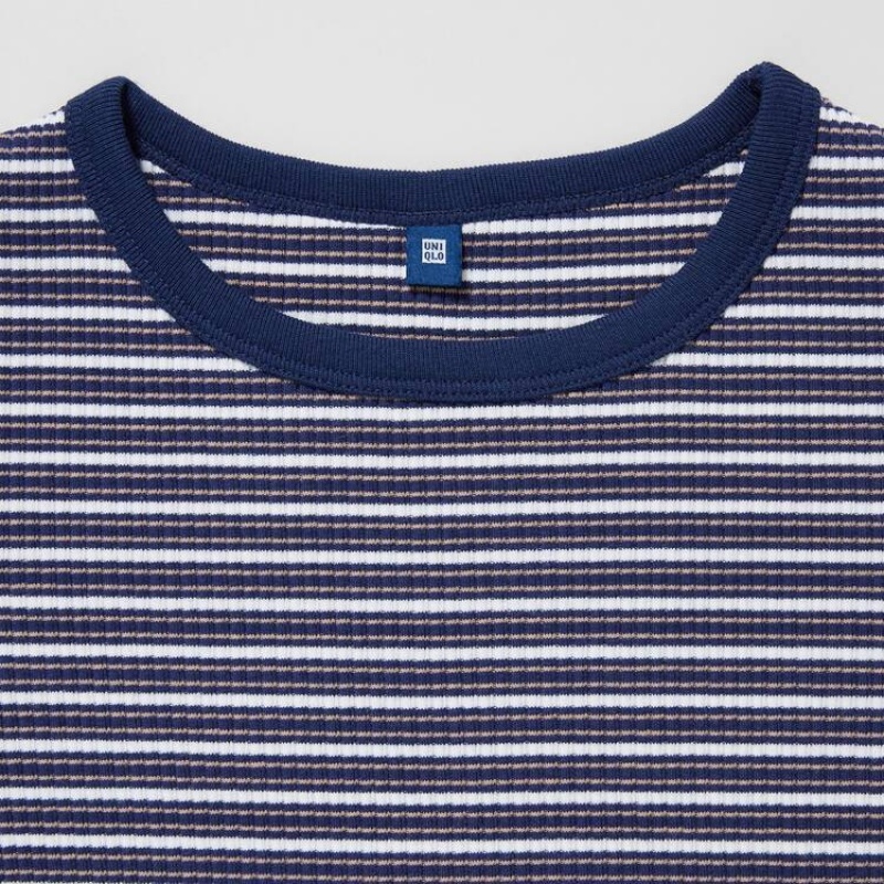 Camiseta Uniqlo Acanalado A Rayas Cropped Niños Azules | 0247MRXQD