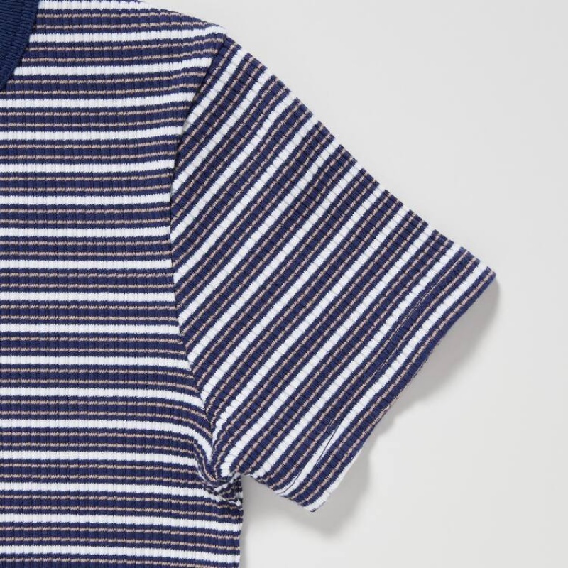 Camiseta Uniqlo Acanalado A Rayas Cropped Niños Azules | 0247MRXQD