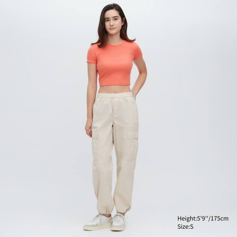 Camiseta Uniqlo Acanalado Cropped Crew Neck Mujer Naranjas | 2510UKEZV