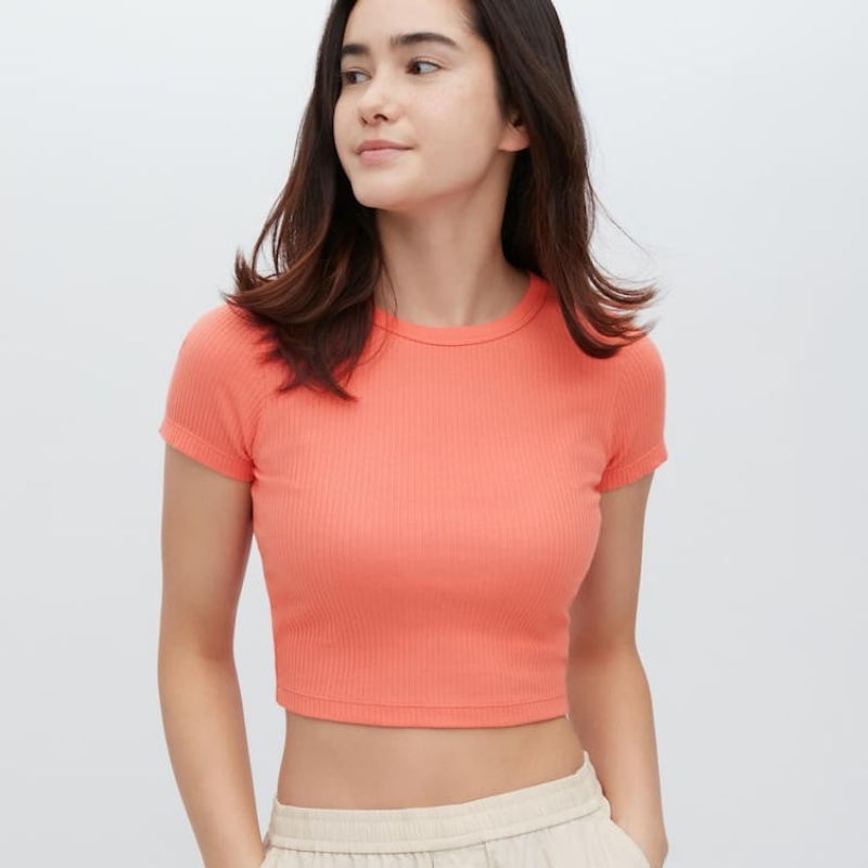 Camiseta Uniqlo Acanalado Cropped Crew Neck Mujer Naranjas | 2510UKEZV