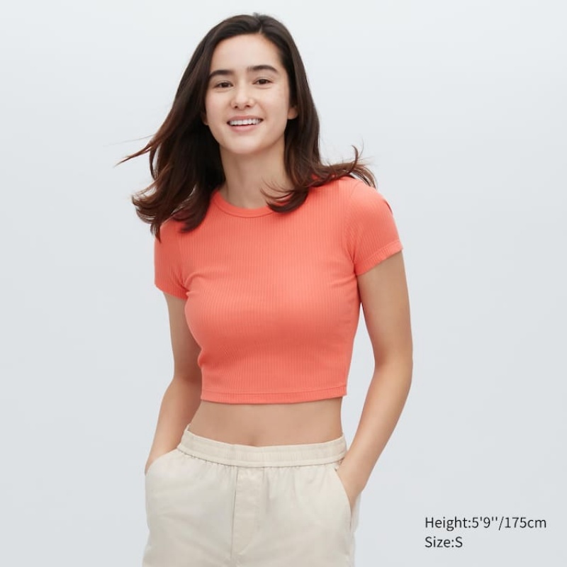 Camiseta Uniqlo Acanalado Cropped Crew Neck Mujer Naranjas | 2510UKEZV