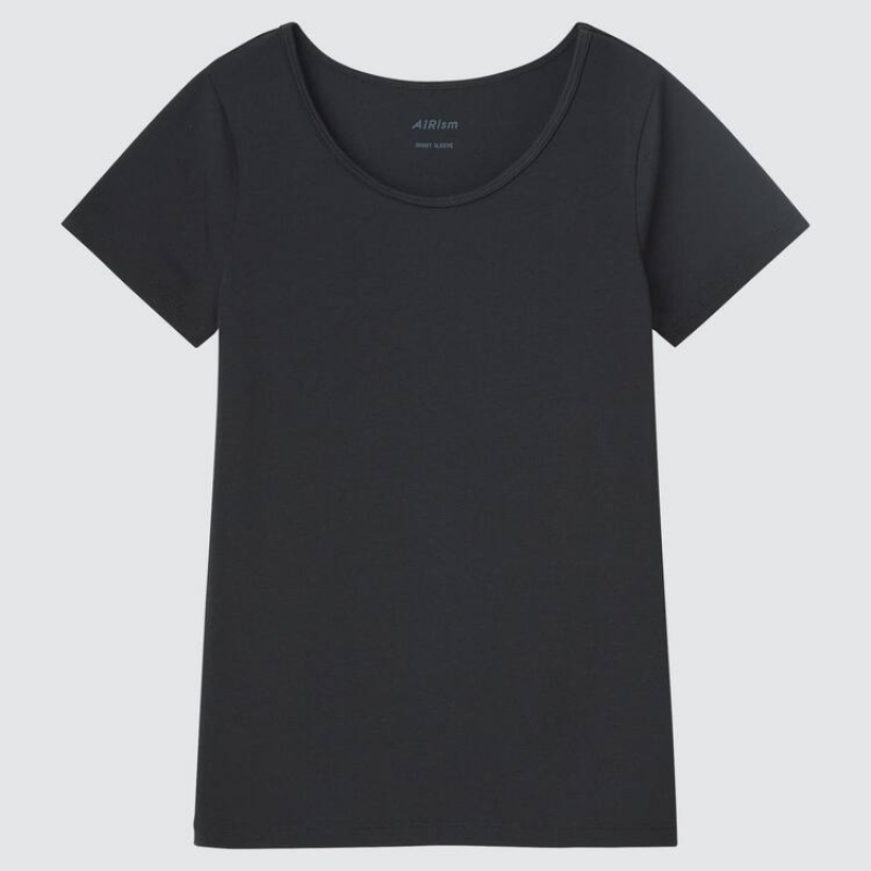 Camiseta Uniqlo Airism Algodon Blend Scoop Neck Corta Sleeved Niños Negras | 9246NCXBZ