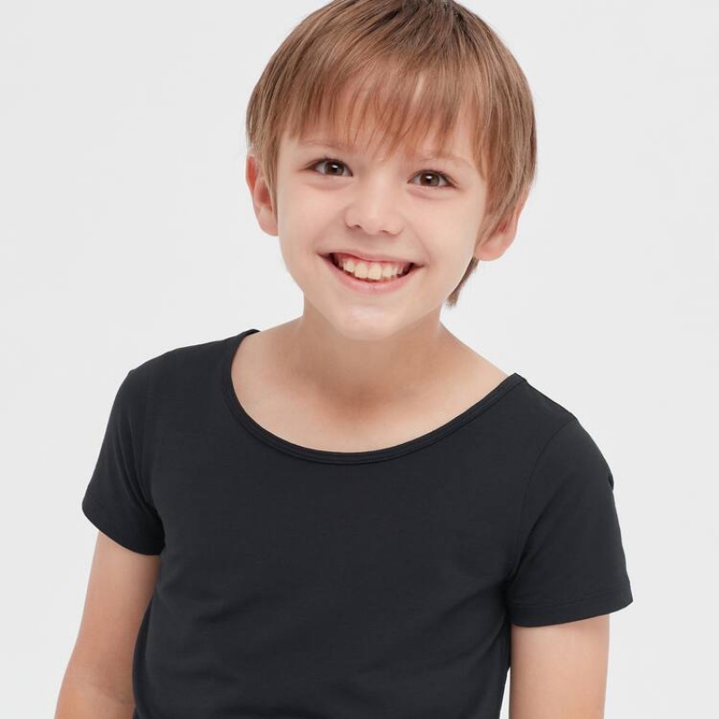 Camiseta Uniqlo Airism Algodon Blend Scoop Neck Corta Sleeved Niños Negras | 9246NCXBZ