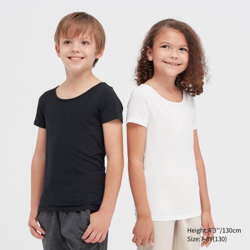 Camiseta Uniqlo Airism Algodon Blend Scoop Neck Corta Sleeved Niños Negras | 9246NCXBZ