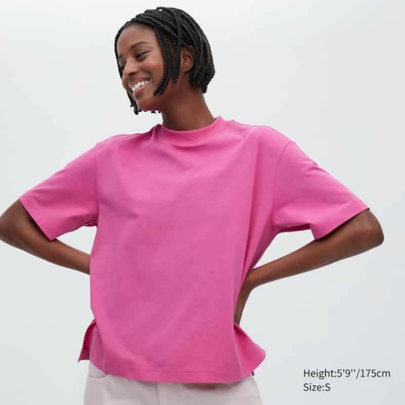 Camiseta Uniqlo Airism Algodon Corta Sleeved Mujer Rosas | 6285KUPZB