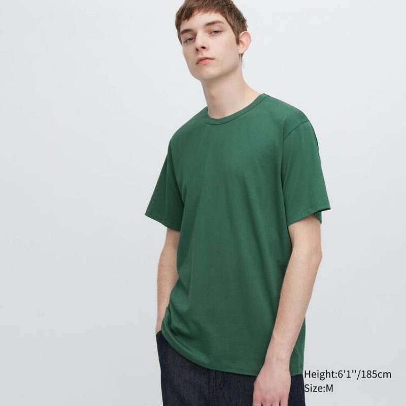 Camiseta Uniqlo Airism Algodon Crew Neck Corta Sleeved Hombre Verde | 8514LYVWZ