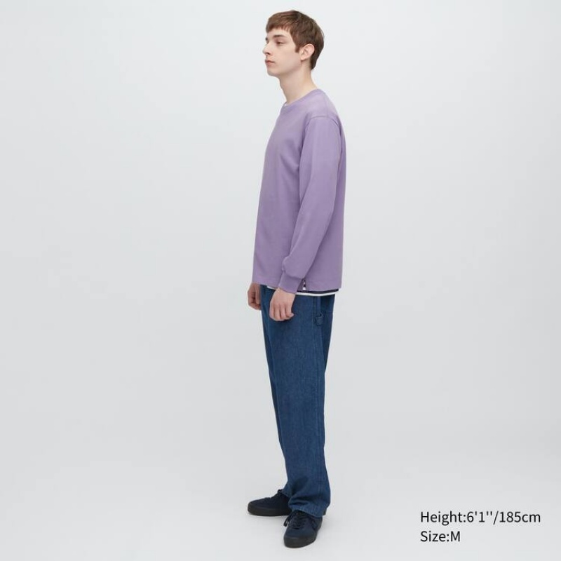 Camiseta Uniqlo Airism Algodon Crew Neck Long Sleeved Hombre Moradas | 7286KFGPC