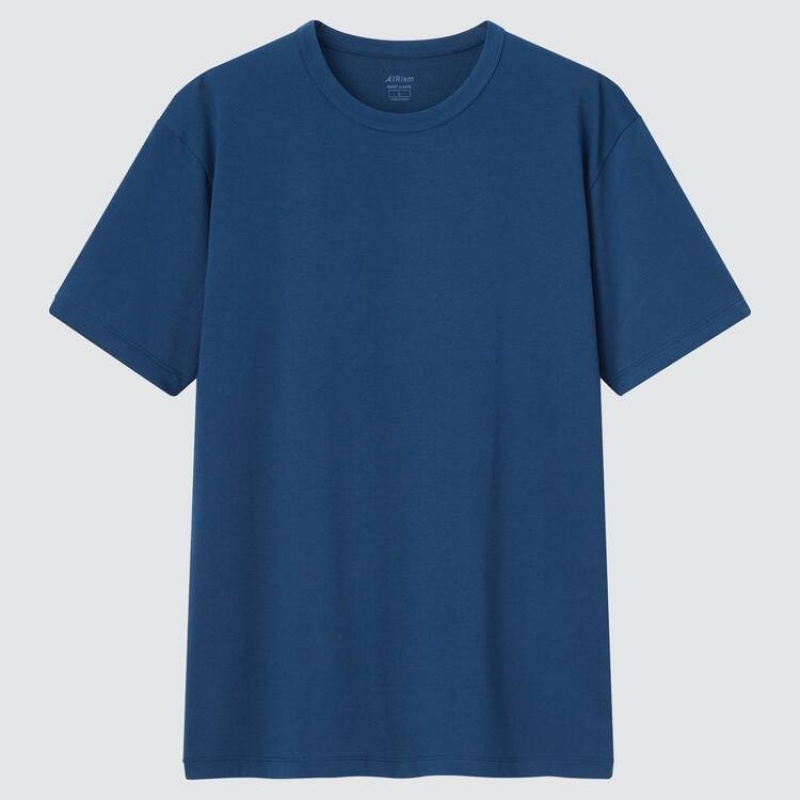 Camiseta Uniqlo Airism Algodon Crew Neck Hombre Azules | 2409UCJAO