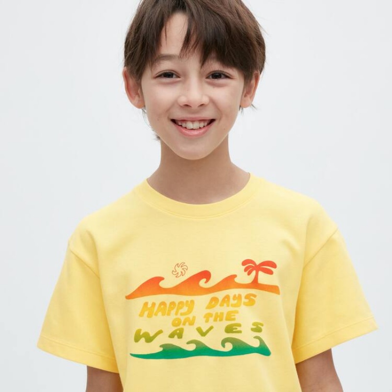 Camiseta Uniqlo Airism Algodon Estampadas Corta Sleeved Niños Amarillo | 8304XCADQ