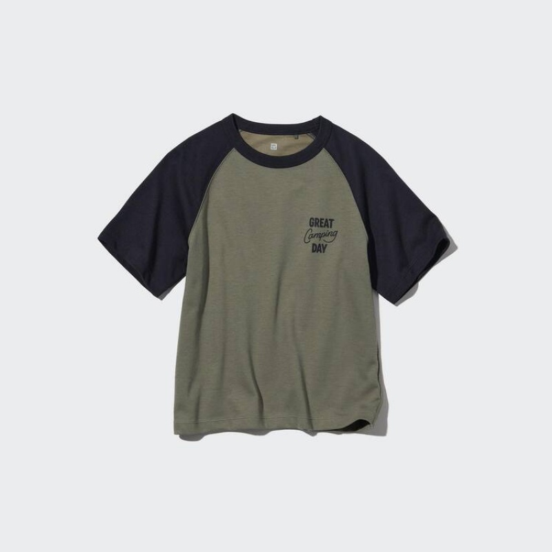 Camiseta Uniqlo Airism Algodon Estampadas Niños Verde Oliva | 8270HXLRM