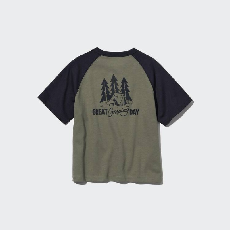 Camiseta Uniqlo Airism Algodon Estampadas Niños Verde Oliva | 8270HXLRM