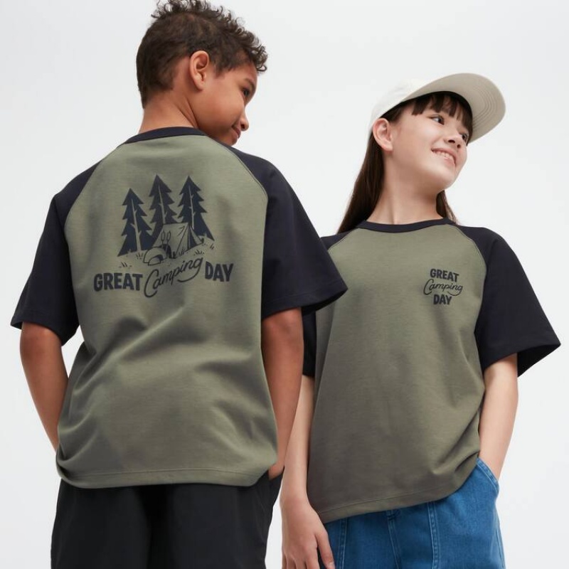 Camiseta Uniqlo Airism Algodon Estampadas Niños Verde Oliva | 8270HXLRM