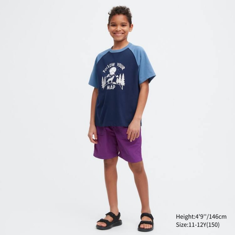 Camiseta Uniqlo Airism Algodon Estampadas Corta Sleeved Niños Azul Marino | 1945LPJTK